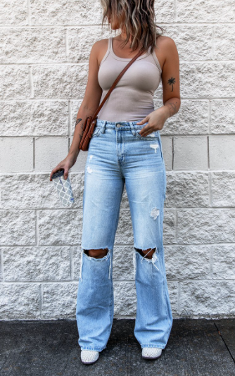 Ripped High Waist Retro Slim Fit Denim Small Bell-Bottom Trousers Bootleg Pants