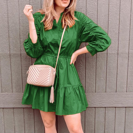 Holiday Button V- Neck Lantern Sleeve Ruffle Lace Up Women Dress Green A-Line Loose Mini Dresses Female Shirring Vestido