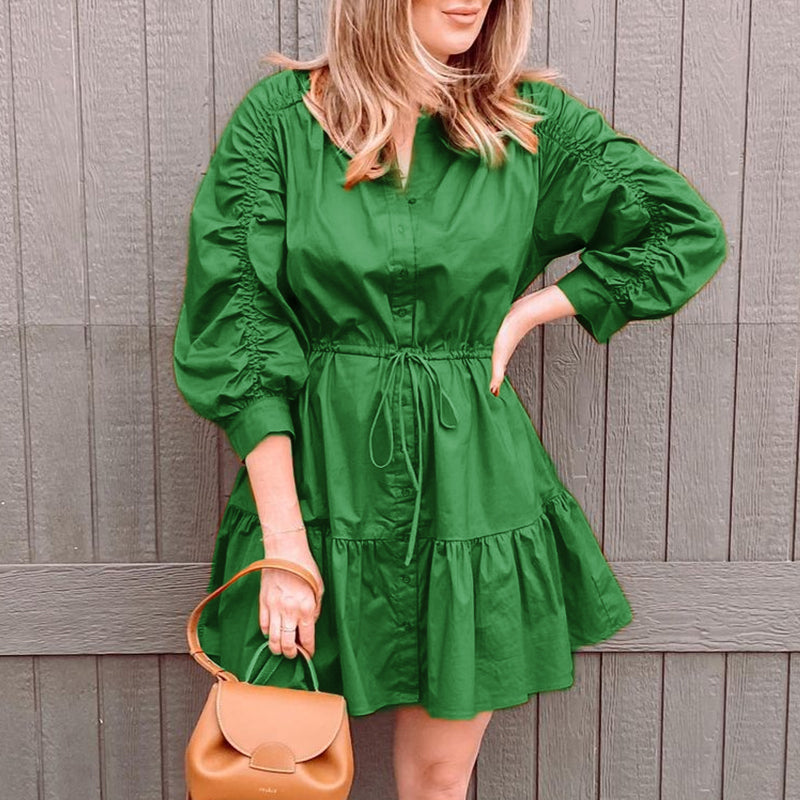 Holiday Button V- Neck Lantern Sleeve Ruffle Lace Up Women Dress Green A-Line Loose Mini Dresses Female Shirring Vestido