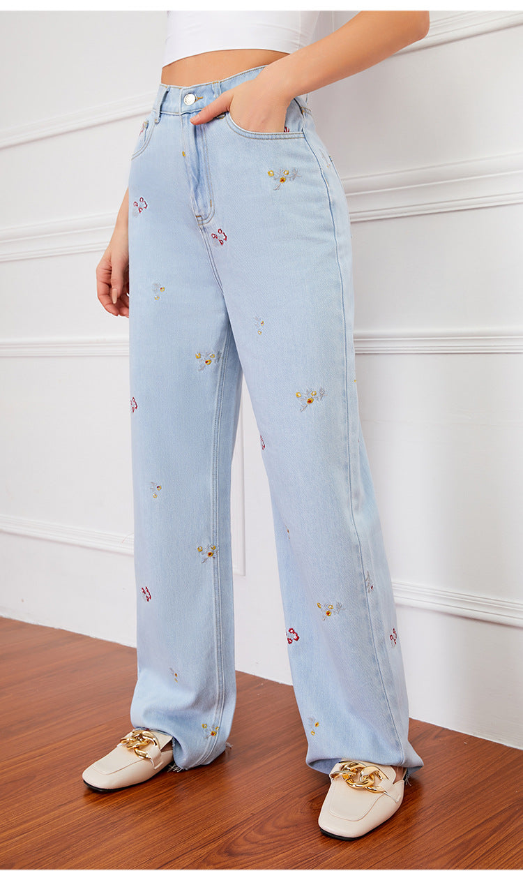 Autumn New Machine Embroidery Jeans Women Slim-Fit Embroidery  Women Autumn Skinny Wide-Leg Pants