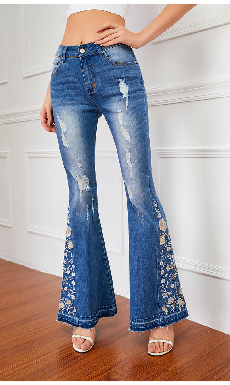 Casual Flared Jeans Women Heavy Industry 3D Embroidery Women Jeans Trousers Bell-Bottom Pants