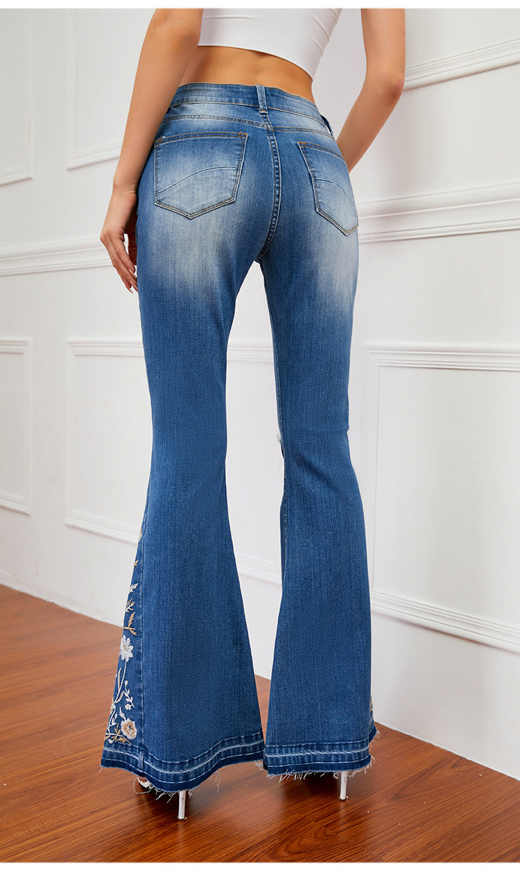 Casual Flared Jeans Women Heavy Industry 3D Embroidery Women Jeans Trousers Bell-Bottom Pants