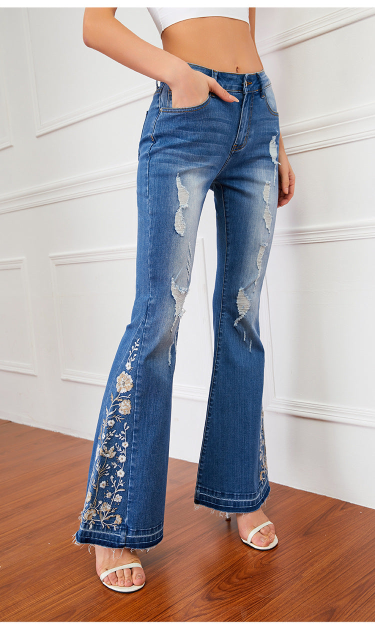 Casual Flared Jeans Women Heavy Industry 3D Embroidery Women Jeans Trousers Bell-Bottom Pants