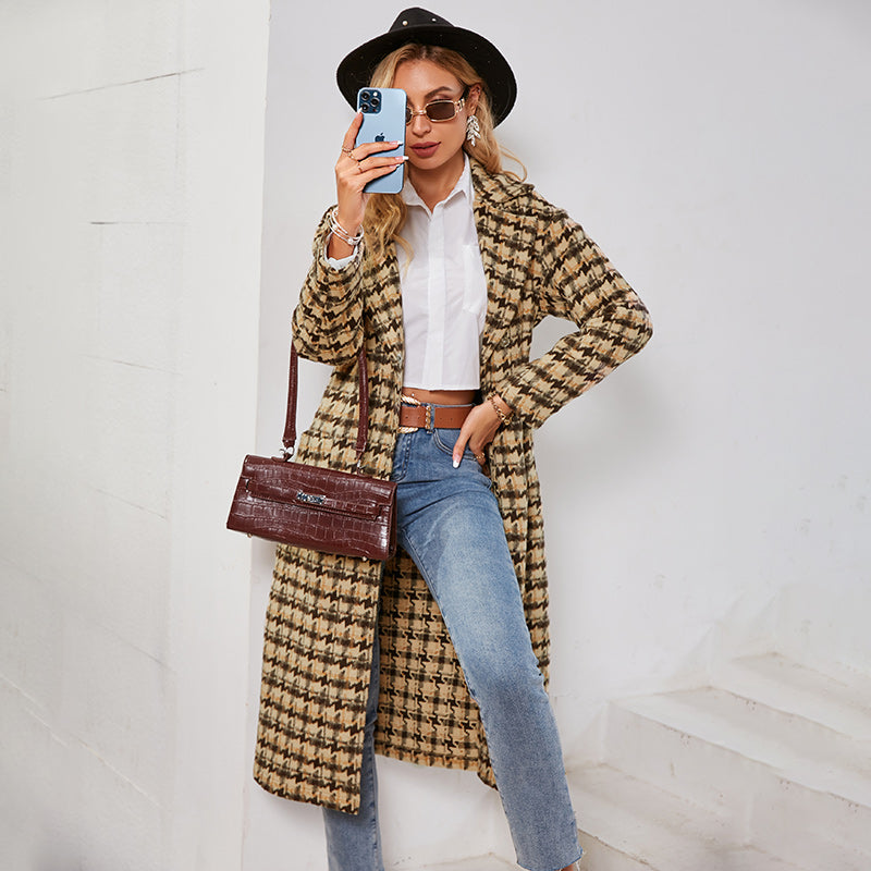 Office Lady Houndstooth Lapel Long Coat Autumn Winter Elegant Lace Up Plaid Brown Blends Women Za Fashion Outwear