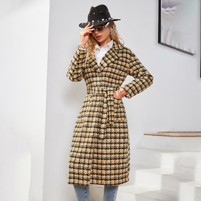 Office Lady Houndstooth Lapel Long Coat Autumn Winter Elegant Lace Up Plaid Brown Blends Women Za Fashion Outwear