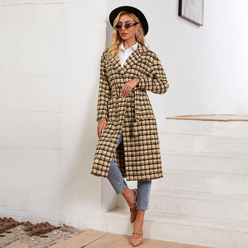 Office Lady Houndstooth Lapel Long Coat Autumn Winter Elegant Lace Up Plaid Brown Blends Women Za Fashion Outwear