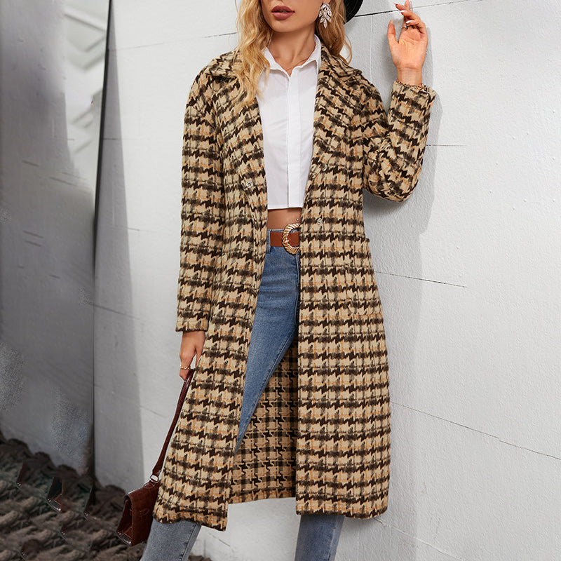 Office Lady Houndstooth Lapel Long Coat Autumn Winter Elegant Lace Up Plaid Brown Blends Women Za Fashion Outwear