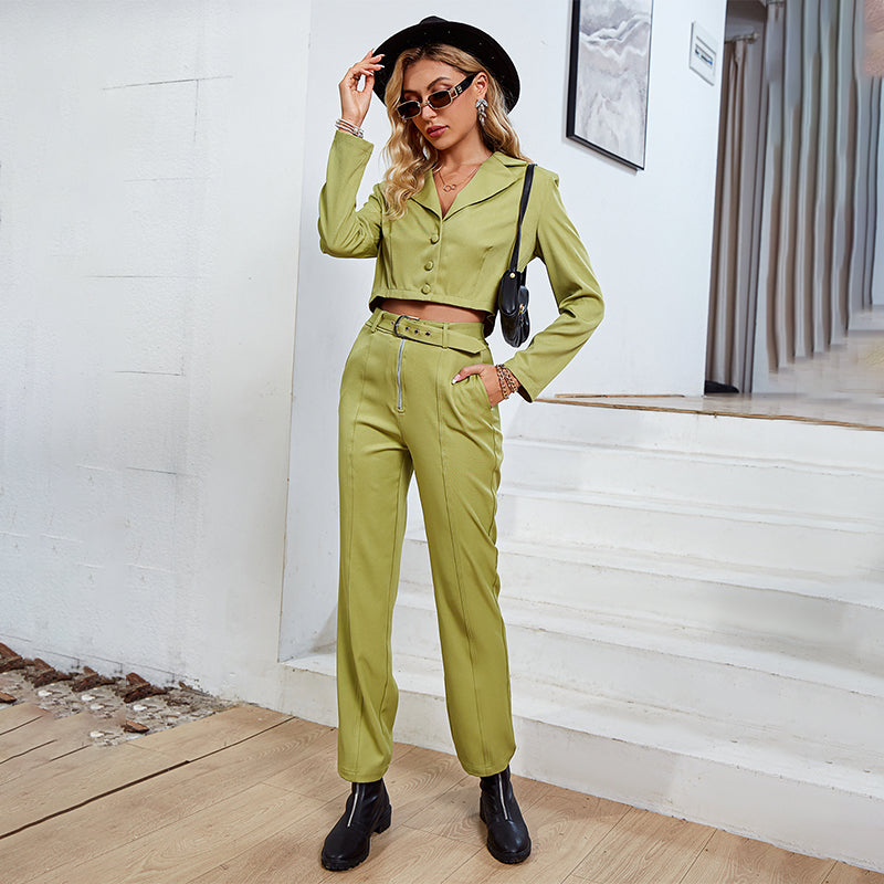 Office V-Neck Long Sleeves Crop Top Pant Set Notched Button Belt High Waist Pants Suit Shoulder Pad Green Two Piece Sets