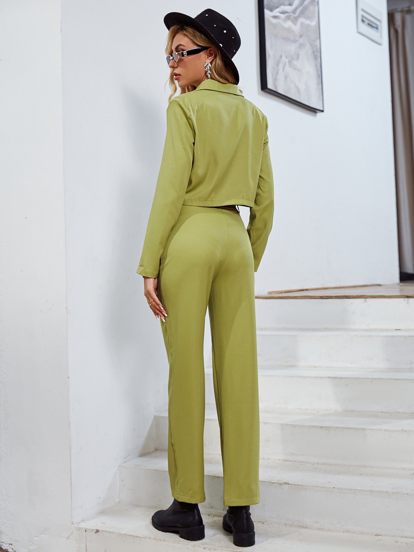 Office V-Neck Long Sleeves Crop Top Pant Set Notched Button Belt High Waist Pants Suit Shoulder Pad Green Two Piece Sets