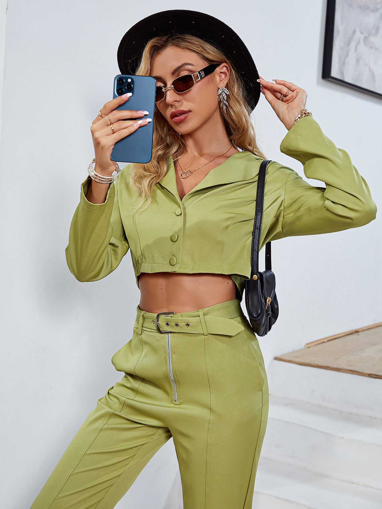 Office V-Neck Long Sleeves Crop Top Pant Set Notched Button Belt High Waist Pants Suit Shoulder Pad Green Two Piece Sets