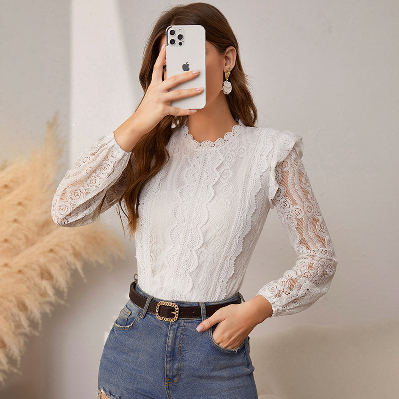 Elegant Ruffle Lace Patchwork O-Neck Long Sleeves Women Blouse Office Lady White Autumn Casual Blouses Solid Female Top