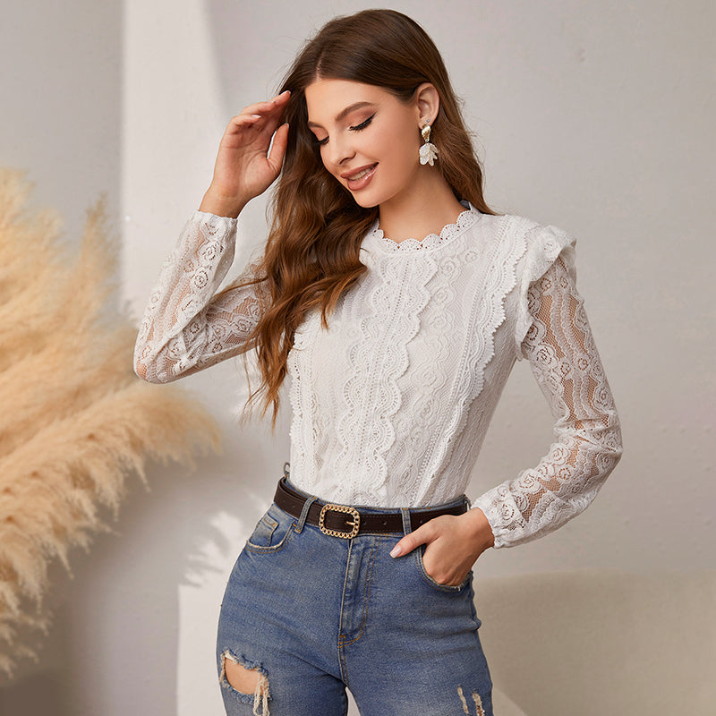 Elegant Ruffle Lace Patchwork O-Neck Long Sleeves Women Blouse Office Lady White Autumn Casual Blouses Solid Female Top