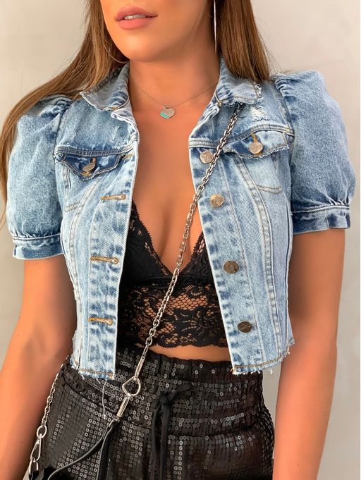 Crop Denim Jacket  Wind Cut Retro Tattered Jeans Puff Sleeve Denim Jacket Top