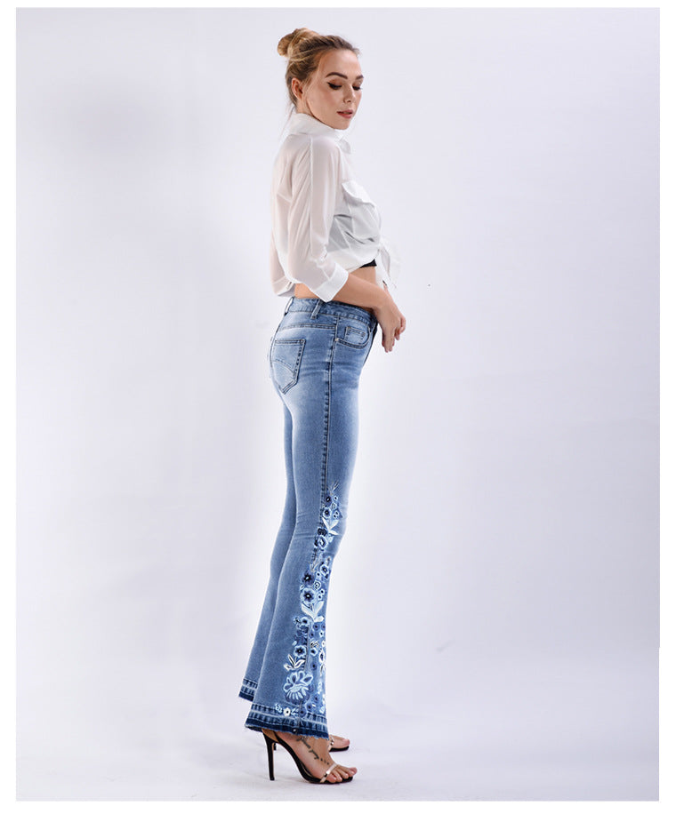 Women Denim Bell-Bottom Pants 3D Machine Embroidery Denim Women Autumn Denim Wide Leg Trousers Plus size