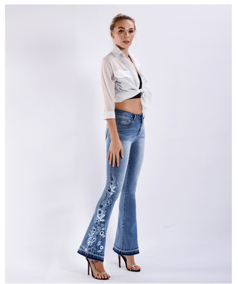 Women Denim Bell-Bottom Pants 3D Machine Embroidery Denim Women Autumn Denim Wide Leg Trousers Plus size