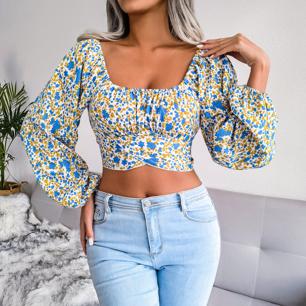 Lantern Sleeve Bow Floral Chiffon Shirt Vacation Style Cropped Top Women Clothing