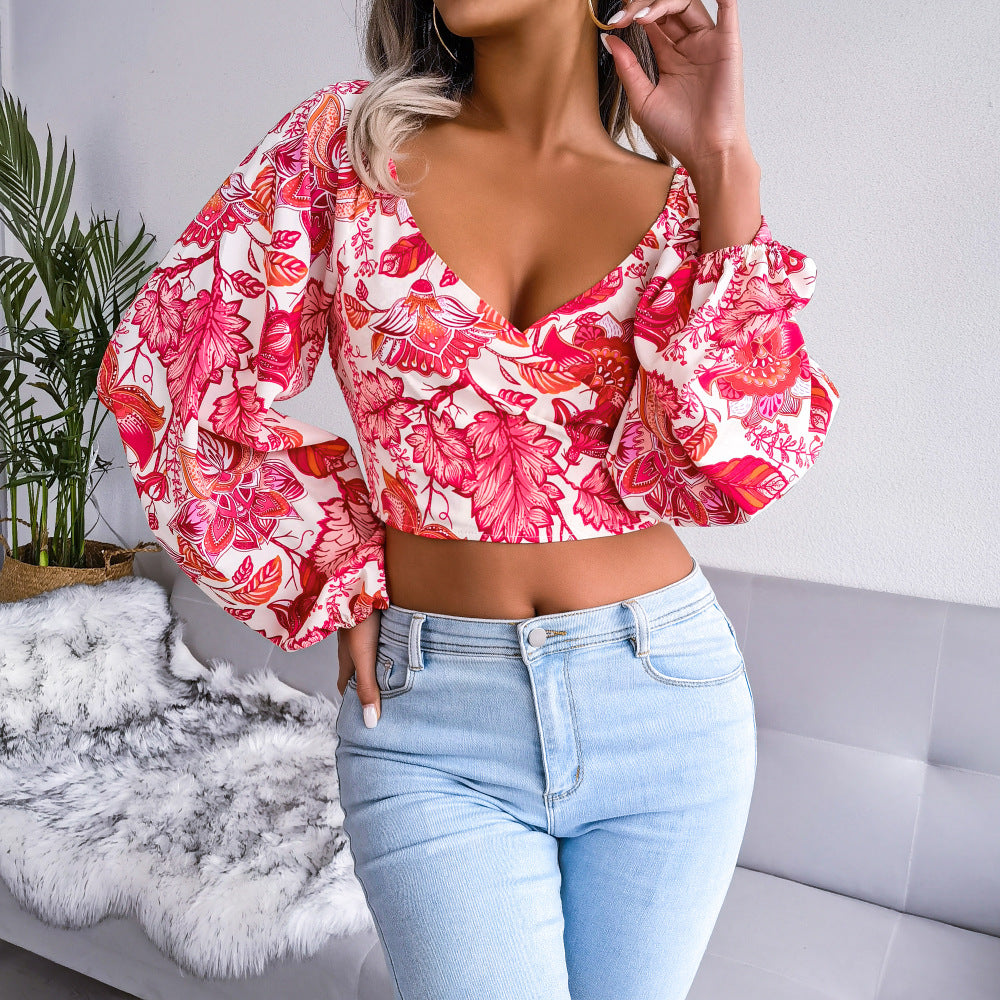 V-neck Lantern Sleeves Long Sleeve Floral Chiffon Shirt Vacation Style Cropped Top  Women Clothing