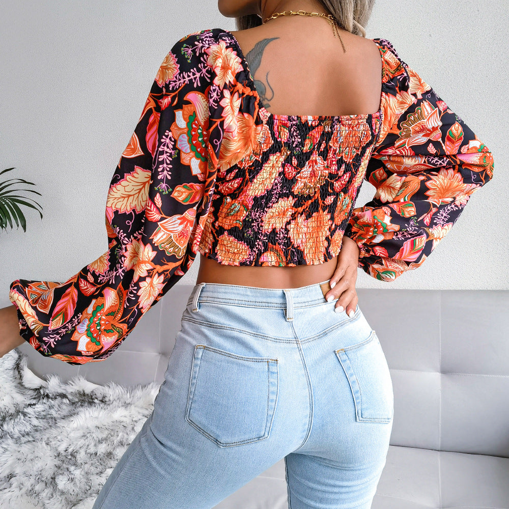 V-neck Lantern Sleeves Long Sleeve Floral Chiffon Shirt Vacation Style Cropped Top  Women Clothing