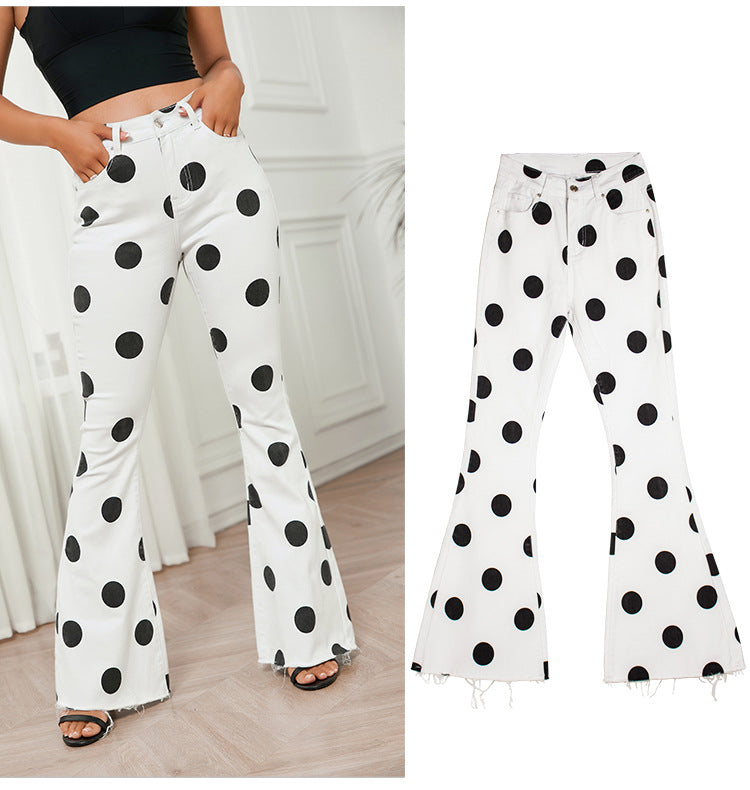 Mid-High Waist Hip Lifting Bell-Bottom Pants Stretch Jeans Slim Slimming Polka Dot Wide Leg Women