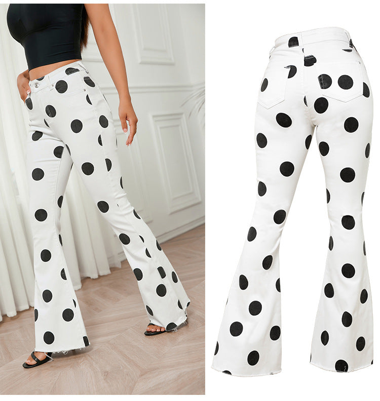 Mid-High Waist Hip Lifting Bell-Bottom Pants Stretch Jeans Slim Slimming Polka Dot Wide Leg Women