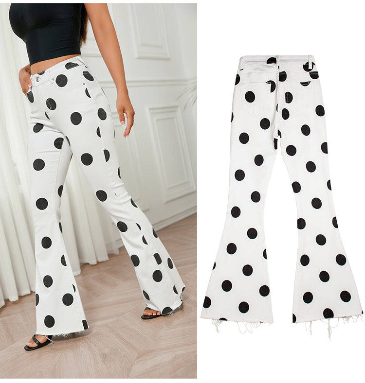 Mid-High Waist Hip Lifting Bell-Bottom Pants Stretch Jeans Slim Slimming Polka Dot Wide Leg Women