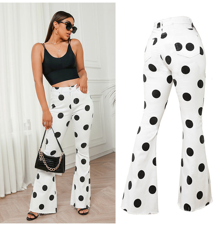 Mid-High Waist Hip Lifting Bell-Bottom Pants Stretch Jeans Slim Slimming Polka Dot Wide Leg Women