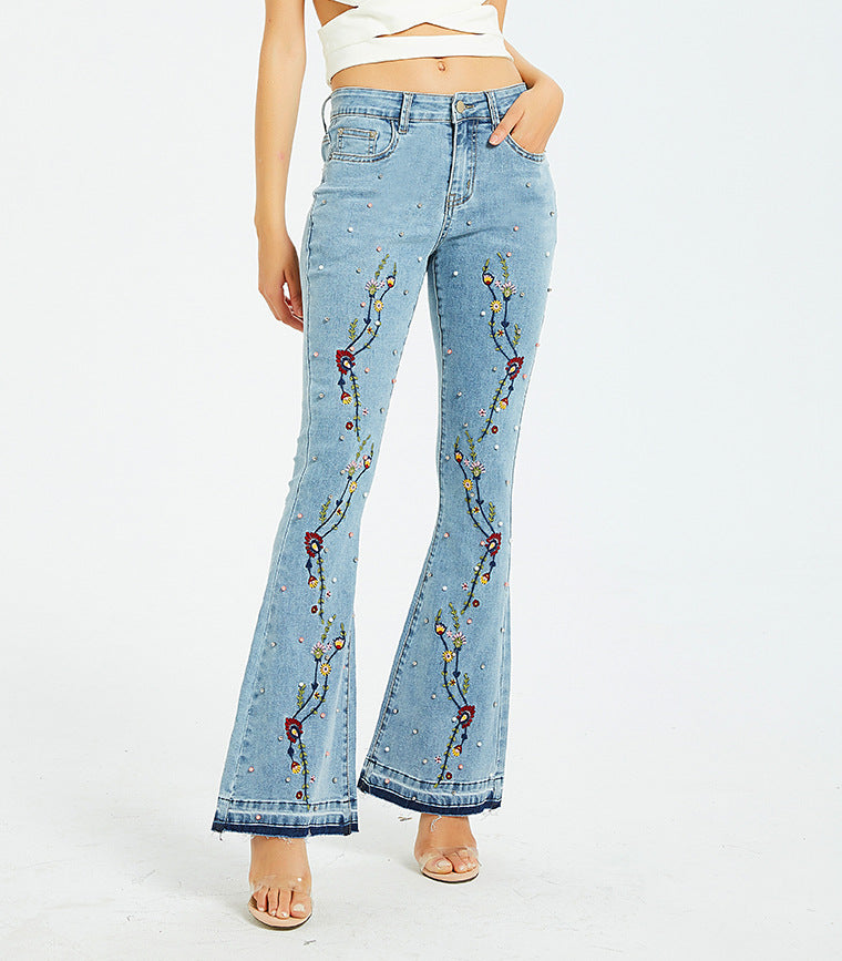 Women  Wide-Leg Jeans Embroidered Flared Jeans Women Pants