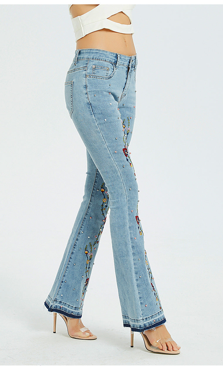 Women  Wide-Leg Jeans Embroidered Flared Jeans Women Pants