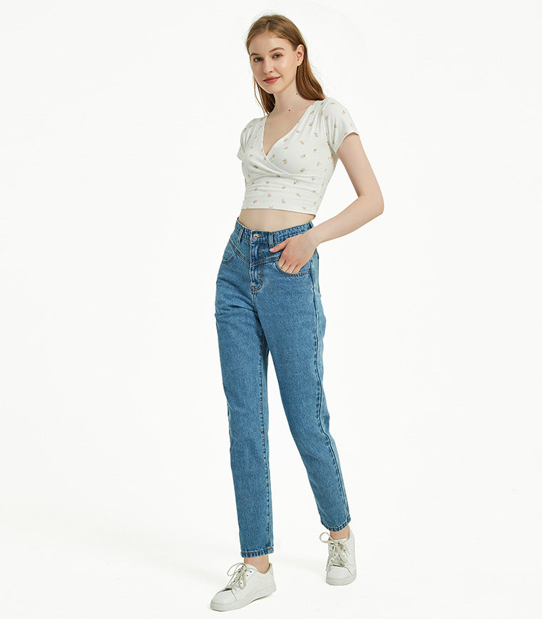 Women Clothing High Waist Slim Straight Washed Denim Trousers Street Feet Women Clothing