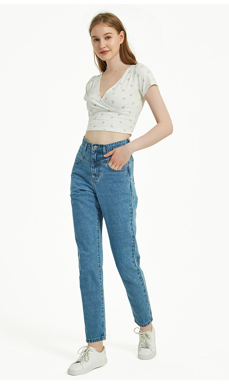 Women Clothing High Waist Slim Straight Washed Denim Trousers Street Feet Women Clothing