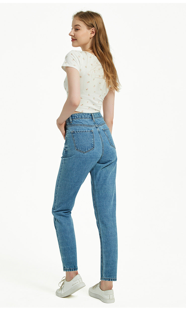 Women Clothing High Waist Slim Straight Washed Denim Trousers Street Feet Women Clothing