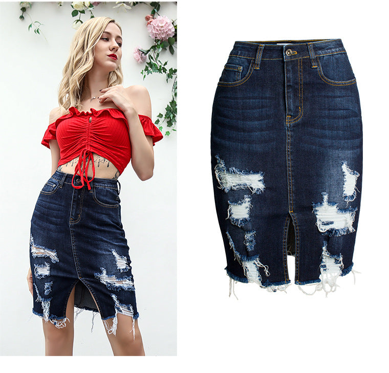 Women Clothing   Slim Sheath Denim Skirt Sexy Ripped