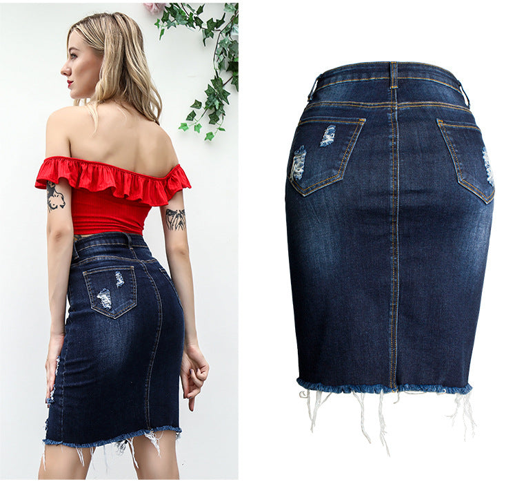 Women Clothing   Slim Sheath Denim Skirt Sexy Ripped