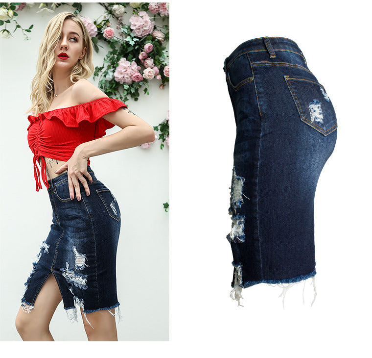 Women Clothing   Slim Sheath Denim Skirt Sexy Ripped