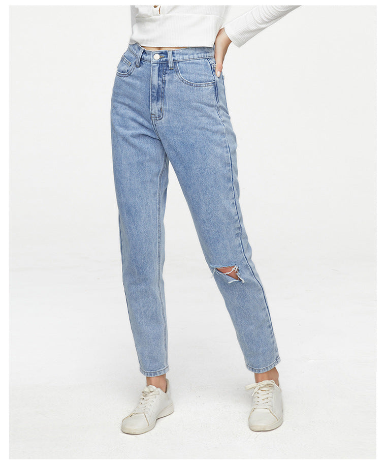 Autumn  Women Jeans High Waist Boyfriend Style  Loose Straight Wide-Leg Pants Ripped Women Jeans