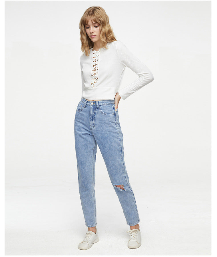 Autumn  Women Jeans High Waist Boyfriend Style  Loose Straight Wide-Leg Pants Ripped Women Jeans