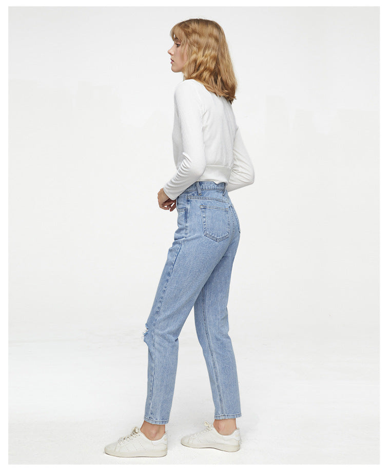 Autumn  Women Jeans High Waist Boyfriend Style  Loose Straight Wide-Leg Pants Ripped Women Jeans