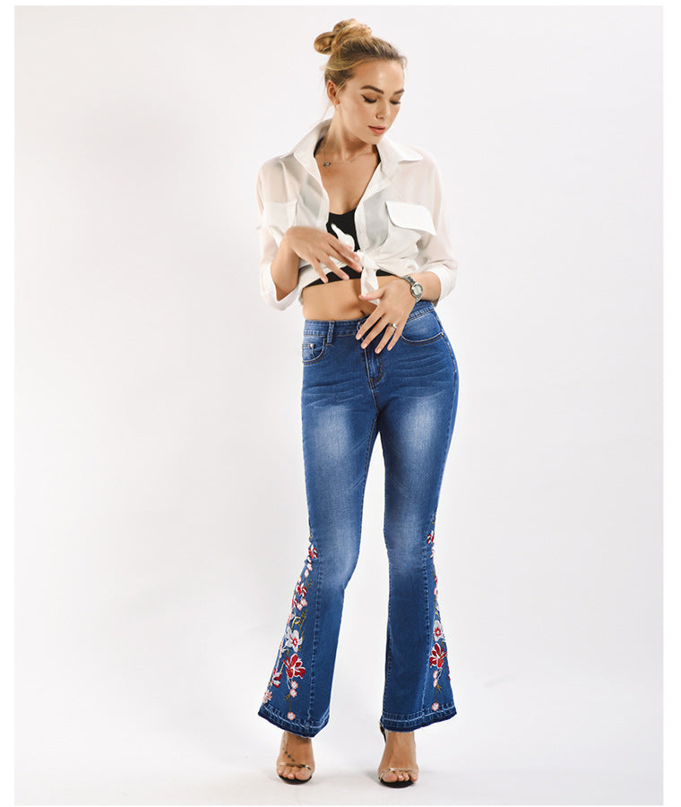 Women Denim Bell-Bottom Pants 3D Machine Embroidery Denim Women Autumn Denim Wide Leg Trousers