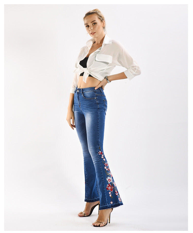 Women Denim Bell-Bottom Pants 3D Machine Embroidery Denim Women Autumn Denim Wide Leg Trousers