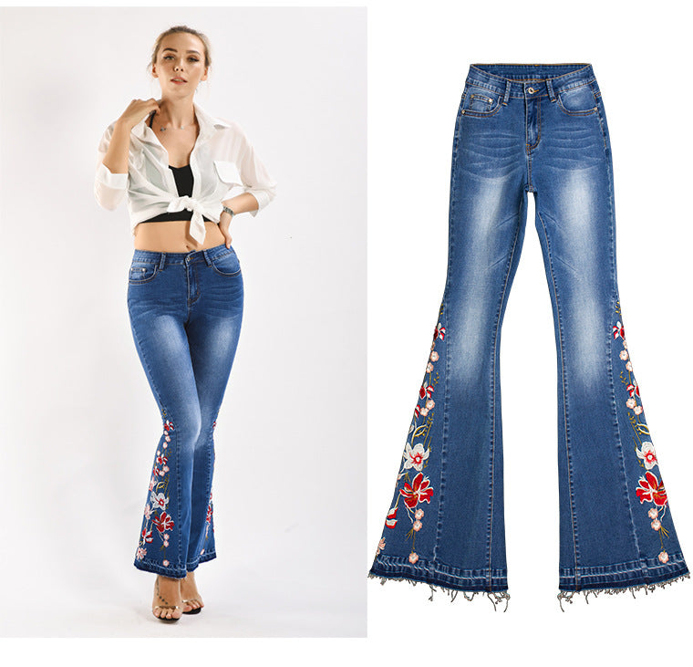 Women Denim Bell-Bottom Pants 3D Machine Embroidery Denim Women Autumn Denim Wide Leg Trousers