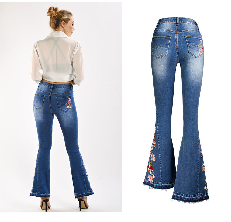 Women Denim Bell-Bottom Pants 3D Machine Embroidery Denim Women Autumn Denim Wide Leg Trousers