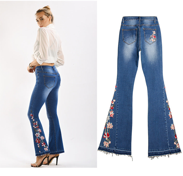 Women Denim Bell-Bottom Pants 3D Machine Embroidery Denim Women Autumn Denim Wide Leg Trousers