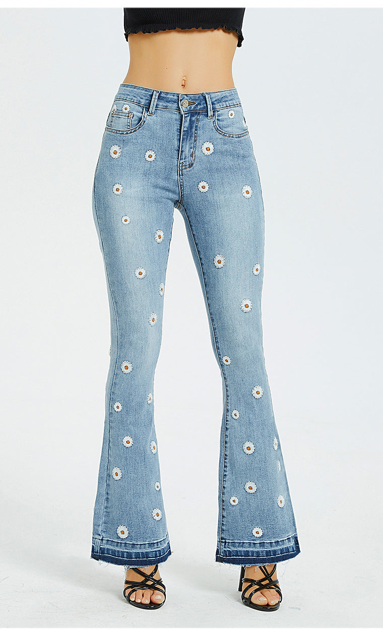 Women Wide-Leg Jeans Embroidered Horn Daisy Jeans Women Wide-Leg Jeans