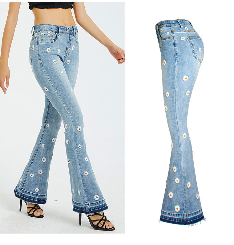 Women Wide-Leg Jeans Embroidered Horn Daisy Jeans Women Wide-Leg Jeans