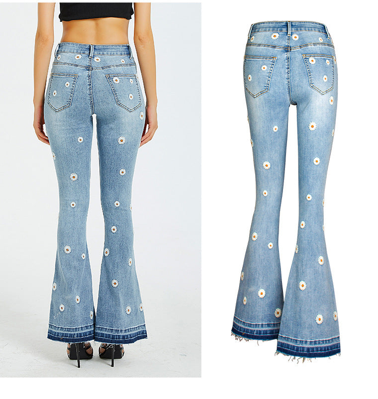 Women Wide-Leg Jeans Embroidered Horn Daisy Jeans Women Wide-Leg Jeans