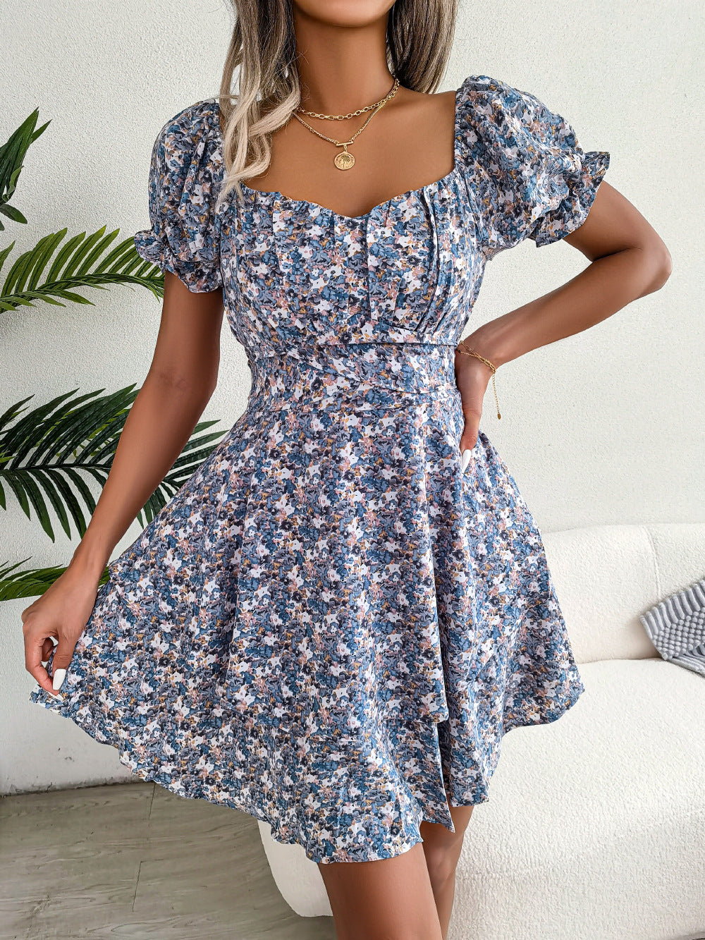 Spring Summer Elegant Floral Lace-up Waist-Controlled Large Hem Dress Women Clothing