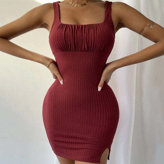 Women Clothing Spring/Summer Sexy Slit Slim-Fitting Camisole Knitted Dress Hip