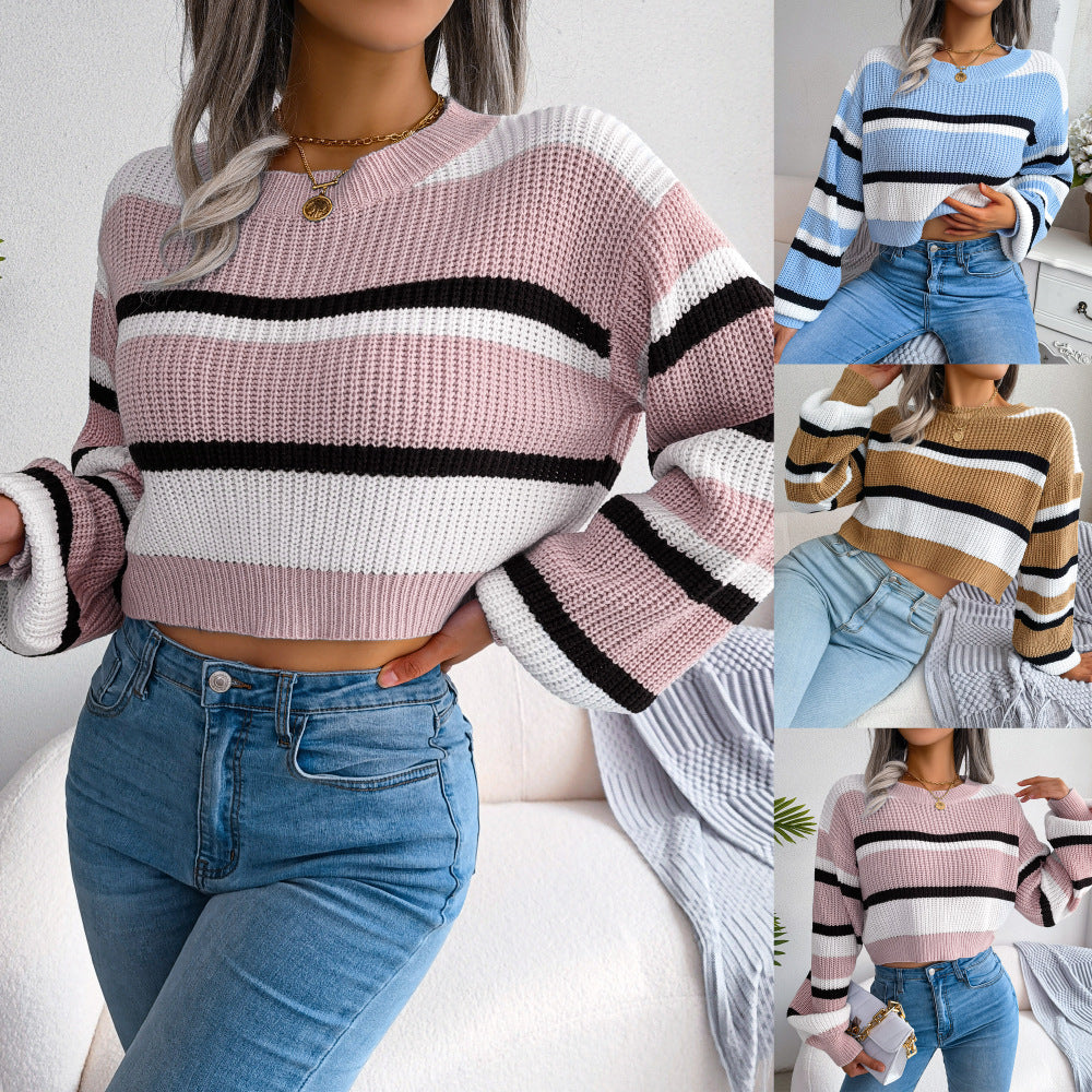 Autumn Winter Leisure Striped Long Sleeves Cropped Knitted Sweater Women Clothing