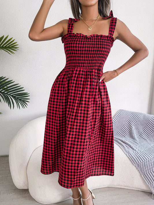 Spring Summer Leisure Lace-up Contrast-Color Plaid Mid-Length Dress Women Clothing