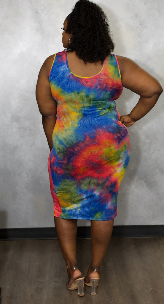 Plus Size Women Clothing Internet Celebrity Type Classic Tie Dye Positioning Printing Sheath Dress